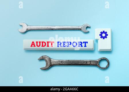 Text, der den Prüfungsbericht zur Inspiration anzeigt. Geschäftskonzept eine Beurteilung des vollständigen finanziellen Status einer Business Assets Typing Device Instruction Stockfoto