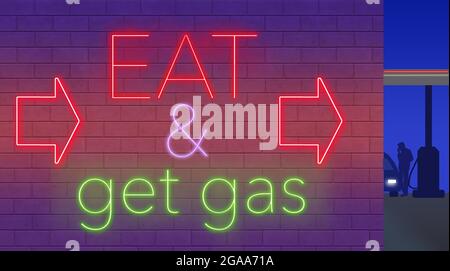Ein Neonschild an der Wand einer Tankstelle zeigt die Worte „Eat & get Gas . Dies ist eine 3-d-Illustration über schlechte Fast Food. Stockfoto