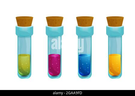 Set Magic Bottles mit flüssigen Trank Elixier Labor-Spiel-Symbol in Cartoon-Stil isoliert auf weißem Hintergrund. Glas, gruseliger Zauberer, Alchemie-Aktivposten. Vektorgrafik Stock Vektor