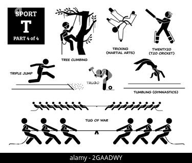 Sport Spiele Alphabet T Vektor Symbole Piktogramm. Baumklettern, Tricking Martial Arts, twenty20, Triple Jump, Trugo, Turmbling Gymnastic, und Tauziehen des Krieges. Stock Vektor