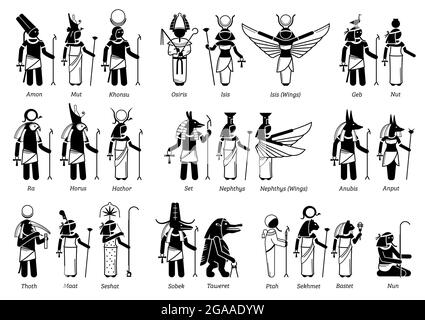 Altägyptischer Gott, Göttin und Gottheiten in Strichmännchen-Ikonen. Vektor-Illustration-Set der beliebten ägyptischen Gottheiten Amon, Osiris, Isis, Horus, Anubis, Stock Vektor