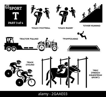 Sport Spiele Alphabet T Vektor Symbole Piktogramm. Berühren Sie Fußball, berühren Sie Rugby, Turm läuft, Traktor ziehen, Trampolinturnen, Track Cycling und TREC Fren Stock Vektor