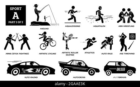 Sport Spiele Alphabet EIN Vektor-Symbole Piktogramm. Angeln, Aquajogging, Aquathlon, Armringen, arnis, Künstlerisches Radfahren, Rollschuhlaufen, Autorennen, Axt Stock Vektor