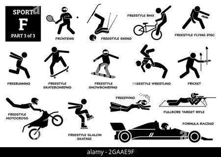 Sport Spiele Alphabet F Vektor Symbole Piktogramm. Frontenis, Freestyle-Ski, bmx, Flying Disc, Skateboarding, Snowboarden, Wrestling, mot Stock Vektor
