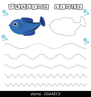 Tracing Lines Spiel mit lustigen Fischen. Arbeitsblatt für Kinder im Vorschulalter, Aktivitätsblatt für Kinder, druckbares Arbeitsblatt Stock Vektor