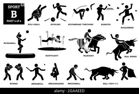 Sport Spiele Alphabet B Vektor Symbole Piktogramm. Boli Khela, Bowling, Bumerang, Bunnock, Bouldern, Bossaball, Bodyflight, Buzkashi, Stierreiten Kampf Stock Vektor