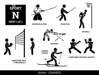 Sport Spiele Alphabet N Vektor Symbole Piktogramm. Naginatajutsu, Ninjutsu, Netball, novuss, newcomb Ball, throwball, nordisches Skifahren und nördliches Gebet Stock Vektor