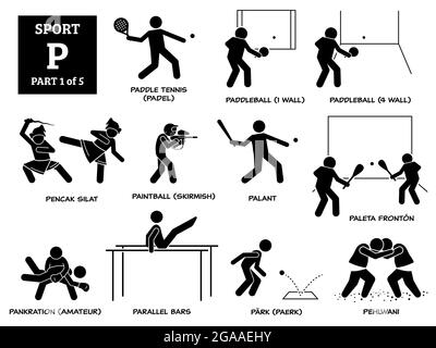 Sport Spiele Alphabet P Vektor Symbole Piktogramm. Paddle-Tennis, Paddel, Paddleball, pencak silat, Paintball-Gefecht, palant, Paleta fronton, Pankration Stock Vektor