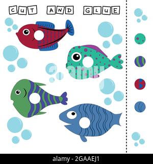 Fische Arbeitsblatt Vektor-Design, ist die Aufgabe zu schneiden und kleben ein Stück auf bunte niedliche Fische . Logikspiel für Kinder. Stock Vektor