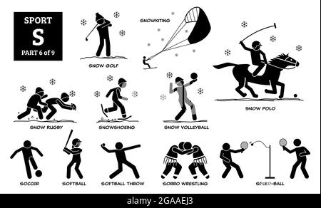 Sport Spiele Alphabet S Vektor Symbole Piktogramm. Schneegolf, Snowkiten, Snow Rugby, Schneeschuhwandern, Snow Volleyball, Snow Polo, Fußball, Softball, Softball Stock Vektor