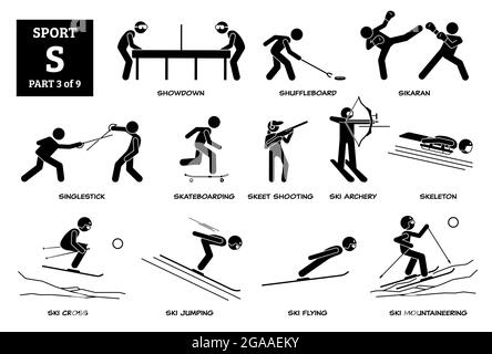 Sport Spiele Alphabet S Vektor Symbole Piktogramm. Showdown, Shuffleboard, sikaran, Singlestick, Skateboarding, Skeet Schießen, Ski Bogenschießen, Skelett, Ski Stock Vektor