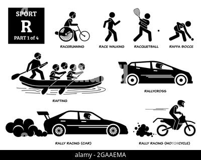 Sport Spiele Alphabet R Vektor Symbole Piktogramm. Racerunning, Rennen zu Fuß, Racquetball, raffa Bocce, Rafting, rallycross, Rally-Rennwagen und Rally r Stock Vektor