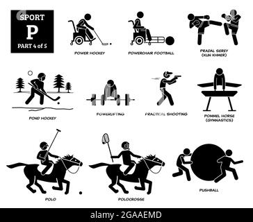 Sport Spiele Alphabet P Vektor Symbole Piktogramm. Power Hockey, Powerchair Fußball, pradal serey, Teichhockey, Powerlifting, Praktisches Schießen, Knauf Stock Vektor