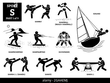 Sport Spiele Alphabet S Vektor Symbole Piktogramm. Sambo, Sandball, Strandhandball, Segeln, Sandboarding, Sandsurfing, schwingen, Sanshou, Sanda, Savate, Stock Vektor