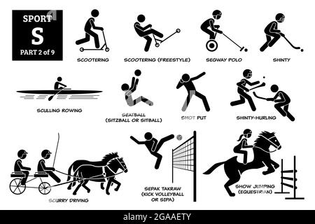 Sport Spiele Alphabet S Vektor Symbole Piktogramm. Scootering, Scooter Freestyle, segway Polo, shinty, Sculling Rudern, Sitzball, Schuss, glänzendes Hurling Stock Vektor