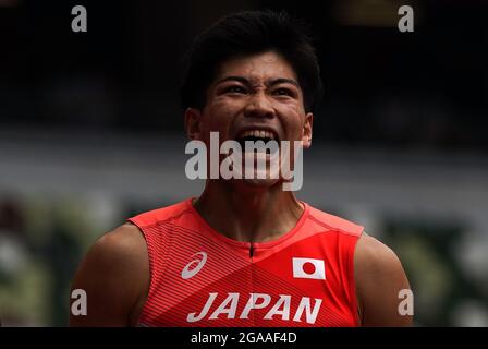 Tokio, Japan. Juli 2021. Yamauchi Hiromu aus Japan reagiert während der 400-m-Hürdenläufe der Männer bei den Olympischen Spielen 2020 in Tokio, Japan, 30. Juli 2021. Quelle: Li Gang/Xinhua/Alamy Live News Stockfoto