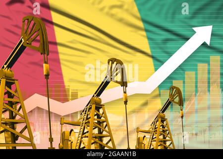 Konzept der Erdölindustrie in Guinea, industrielle Illustration - steigende Grafik im Hintergrund der Flagge von Guinea. 3D-Illustration Stockfoto