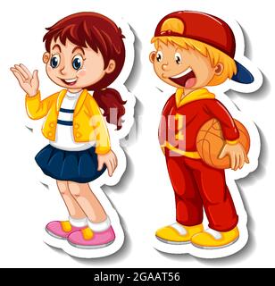 Sticker Vorlage mit paar Kindern Studenten Cartoon Charakter isoliert Illustration Stock Vektor