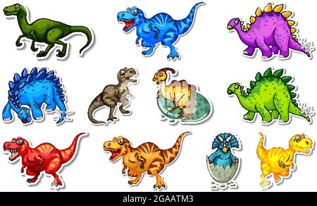 Aufkleber mit verschiedenen Arten von Dinosauriern Cartoon-Figuren Illustration gesetzt Stock Vektor