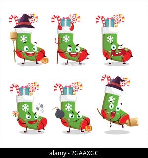 Halloween Ausdruck Emoticons mit Cartoon-Charakter von weihnachts-Socken mit Süßigkeiten und Geschenk. Vektorgrafik Stock Vektor