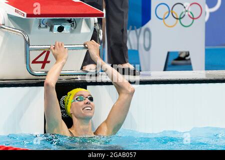 Tokio, Japan. Juli 2021. TOKIO, JAPAN - 30. JULI: Emma McKeon aus Australien reagiert nach dem Gewinn des 100-m-Freistilfinales der Frauen während der Olympischen Spiele 2020 in Tokio im Tokyo Aquatics Center am 30. Juli 2021 in Tokio, Japan (Foto: Giorgio Scala/Insidefoto/Deepbluemedia) Credit: Insidefoto srl/Alamy Live News Stockfoto
