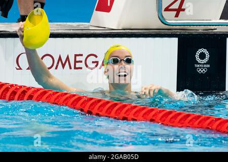 Tokio, Japan. Juli 2021. TOKIO, JAPAN - 30. JULI: Emma McKeon aus Australien reagiert nach dem Gewinn des 100-m-Freistilfinales der Frauen während der Olympischen Spiele 2020 in Tokio im Tokyo Aquatics Center am 30. Juli 2021 in Tokio, Japan (Foto: Giorgio Scala/Insidefoto/Deepbluemedia) Credit: Insidefoto srl/Alamy Live News Stockfoto