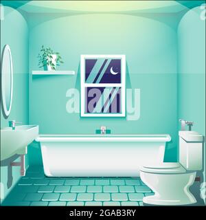 Badezimmer bei Nacht Hintergrunddarstellung in editierbaren Vektor-Format Stock Vektor