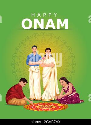 Happy onam Grüße Vektor Illustration. Illustration von Kindern, die Pookalam für eine Familie Stock Vektor