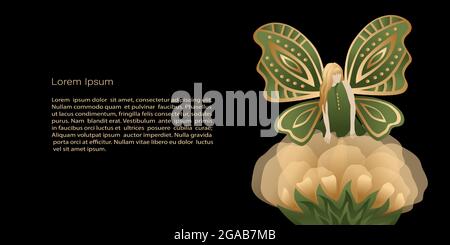 Vektor-Vorlage, Banner Mystic und elf Thema, Elf Fee Schmetterling in Blume, kopieren Raum. Schwarze, grüne und goldene Farben mit Farbverlauf zur Dekoration Stock Vektor