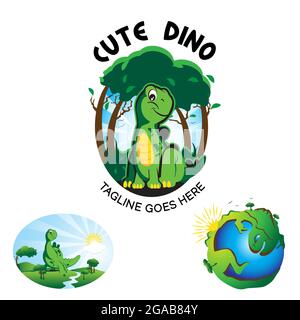 Niedliche Dinosaurier Thema Logo-Set und Illustration. vektor Stock Vektor