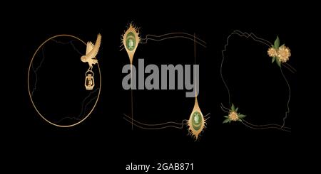 Vector Set Mystic und elf Thema, enthält schöne goldene Rahmen für die Dekoration. Schwarz, Grün und Gold Farben mit Farbverlauf für Dekoration, Cliparts Stock Vektor