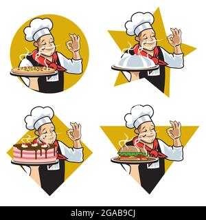 Sternekoch-Logo. vektorgrafik. Set alle Ebenen sind für die einfache Bearbeitung getrennt, einschließlich der Donuts als Darstellung von Lebensmitteln. Stock Vektor