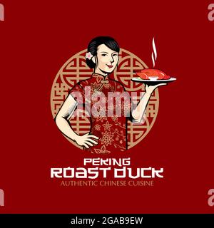 Chinesische Dame und gebratene Ente Vektorgrafik Stock Vektor