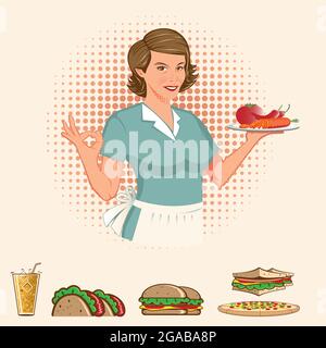 Retro Lady mit einem Teller voller Lebensmittel-Vektor-Illustration Stock Vektor