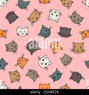 Niedliche Cartoon Katze Gesichter nahtlose Muster. Design Skizzenelement für Textil, Drucke für Kleidung. Vektorgrafik. Stock Vektor