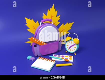 Rucksack und Wecker sind von Schulbedarf auf blauviolettem Hintergrund umgeben. 3d-Konzeptdarstellung Stockfoto