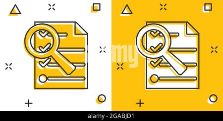 Cartoon Dokumentsymbol im Comic-stil. Dokument Dateien zoom Abbildung Piktogramm. Mit Checkliste Zeichen splash Geschäftskonzept Lupe. Stock Vektor