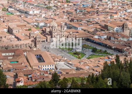 Luftaufnahme des Platzes Plaza de Armas in Cuzco, Peru Stockfoto