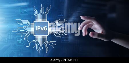IPv6-Netzwerkprotokoll Standard-Internet-Kommunikationskonzept auf virtuellem Bildschirm. Stockfoto