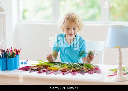 Kind schafft Bild mit bunten Blättern. Kunst und Kunsthandwerk für Kinder. Kleiner Junge, der Collagebild mit Regenbogenpflanzen-Blatt macht. Hausaufgaben für die Biologie Stockfoto