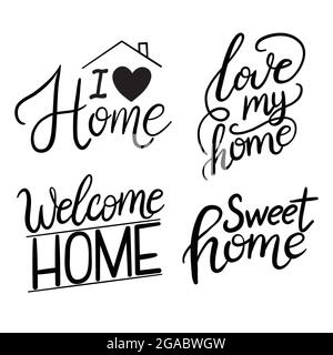 Set mit Schriftzug „House“. Motivierendes Zitat. Niedliche niedliche Inspiration Typografie. Ein handgeschriebenes Zeichen. Vektor, Illustration. Stock Vektor