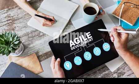 Agiles Entwicklungskonzept auf dem Bildschirm des Geräts. Stockfoto