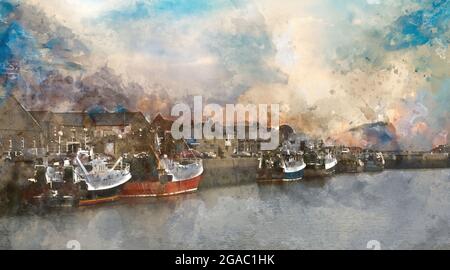 Digitale Aquarellmalerei von prachtvoller Landschaftsaufnahme von Fischerbooten in der Stadt Howth, einem Fischerdorf in Dublin. Irland. Stockfoto