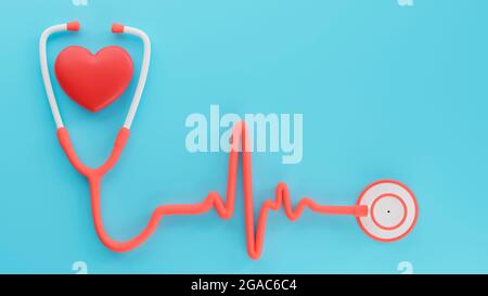 Stethoskop in EKG-Form mit Herz. Speicherplatz kopieren. 3D-Bild Stockfoto