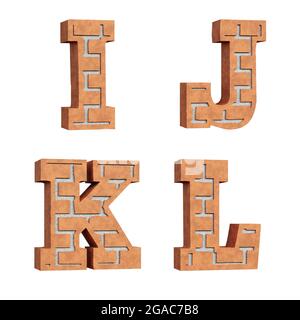 3D-Darstellung des roten Ziegelalphabets - Buchstaben I-L Stockfoto
