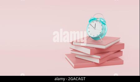 Wecker auf einem Stapel von Büchern mit Platz für Text. Studie Zeit Konzept. 3d-Rendering Stockfoto