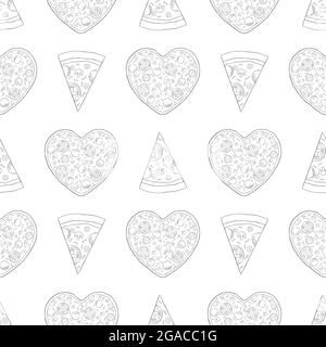 Trendiges Pizzamuster mit handgezeichneten Pizzascheiben. Niedliches Vektor-Pizza-Muster in Schwarz und Weiß. Nahtloses, monochromes Pizzamuster. Stock Vektor