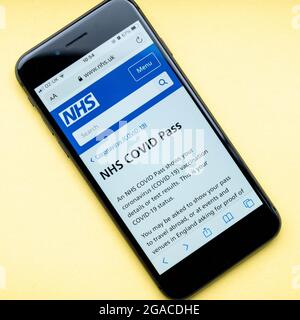 London, Großbritannien, Juli 30 2020, Handy oder Smartphone Screenshot des NHS Covid Pass With No People Stockfoto