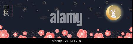 Abstrakte Karten, Bannerdesign mit traditionellen chinesischen Kreisen Muster, die den Vollmond darstellen, chinesischer Text Happy Mid Autumn, Gold auf dunkelblau Stock Vektor