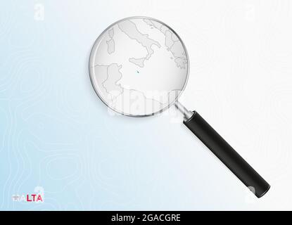 Lupe mit Karte von Malta auf abstraktem topographischen Hintergrund. Vektorkarte. Stock Vektor